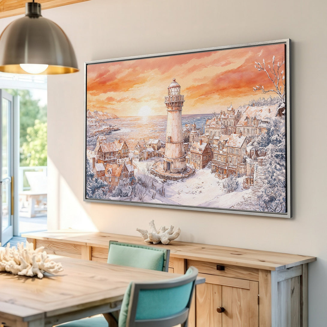 Framed Wall Art: Watercolor lighthouse scene in warm orange & blue tones. Coastal art print perfect for adding cozy charm to your home decor.