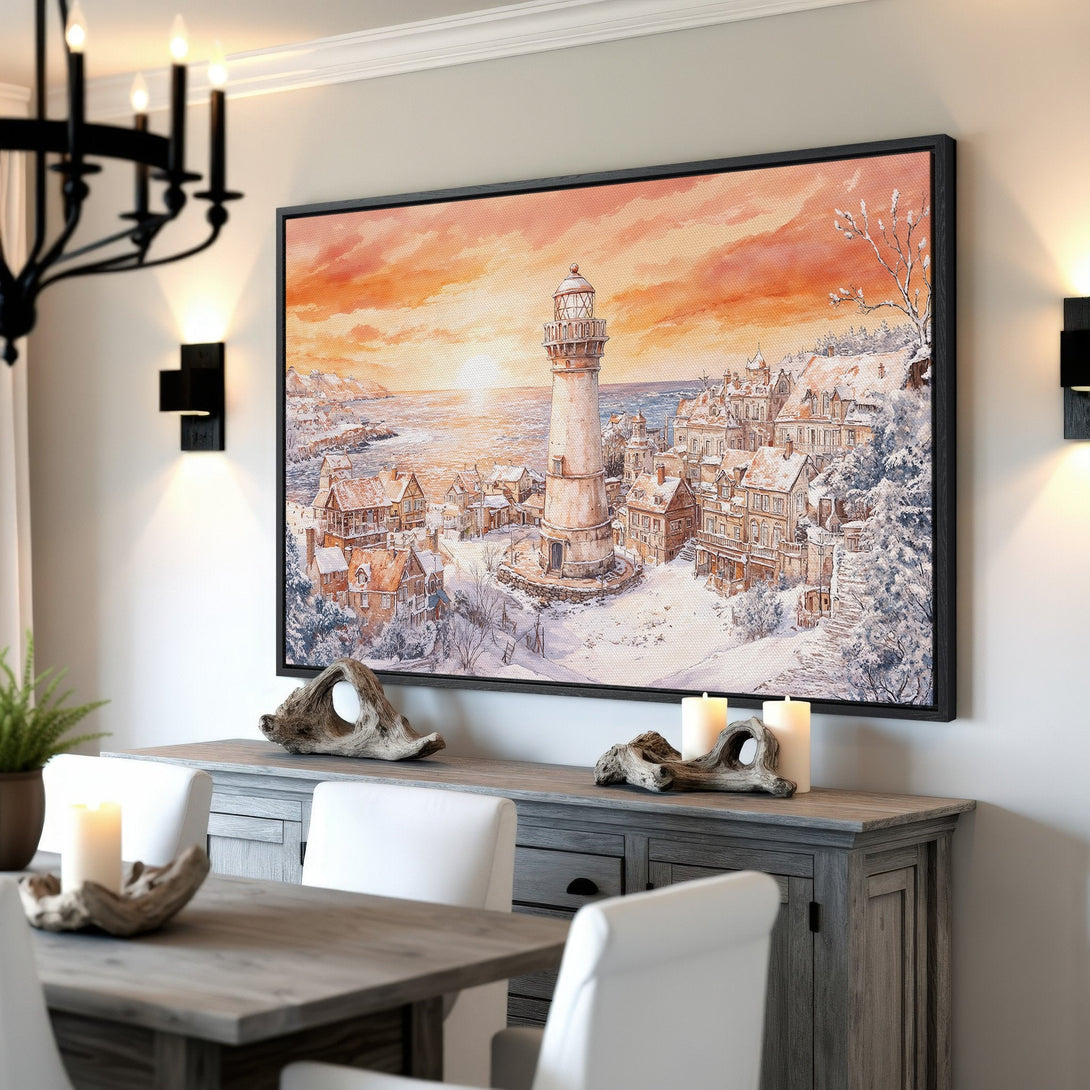 Framed Wall Art of a winter lighthouse scene in warm sunset colors. Beautiful coastal art for your home, adding a cozy touch.