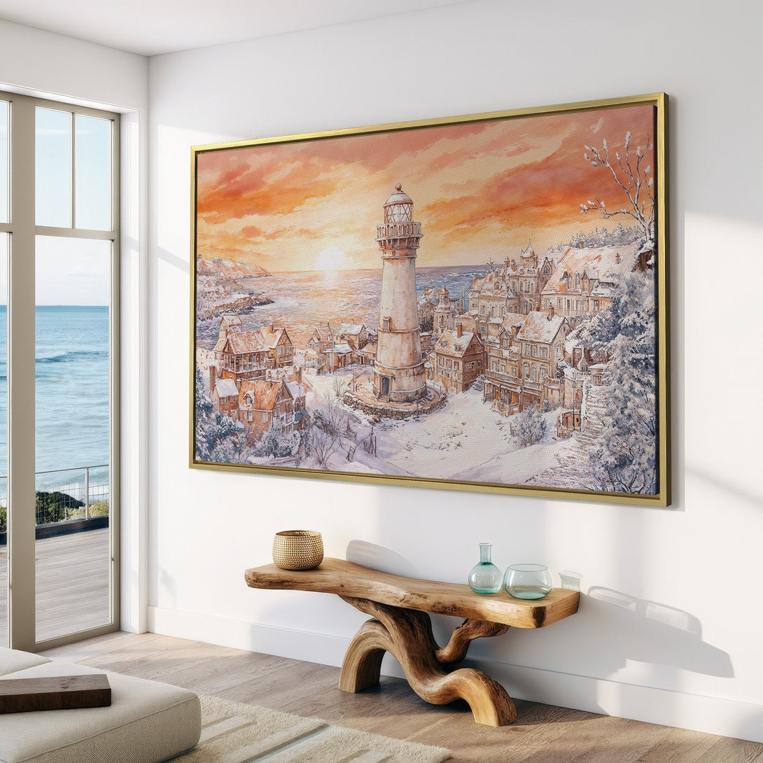 Canvas Print of a snowy coastal town with a lighthouse, watercolor style, warm orange and white color palette. Perfect wall art!