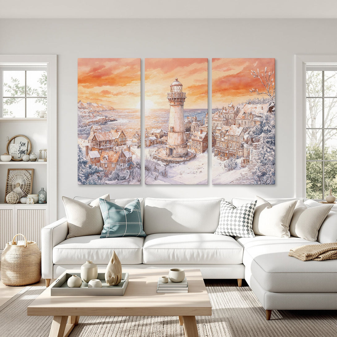 Canvas Print of a winter coastal scene with a lighthouse, in watercolor style with warm orange and cool blue tones.