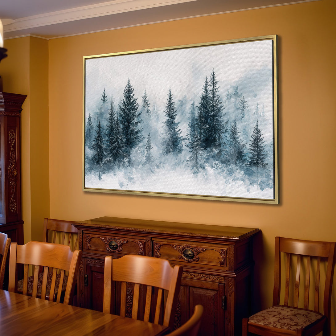 Canvas Print of a serene forest scene in cool blue tones, perfect for adding a touch of nature-inspired art to your home.