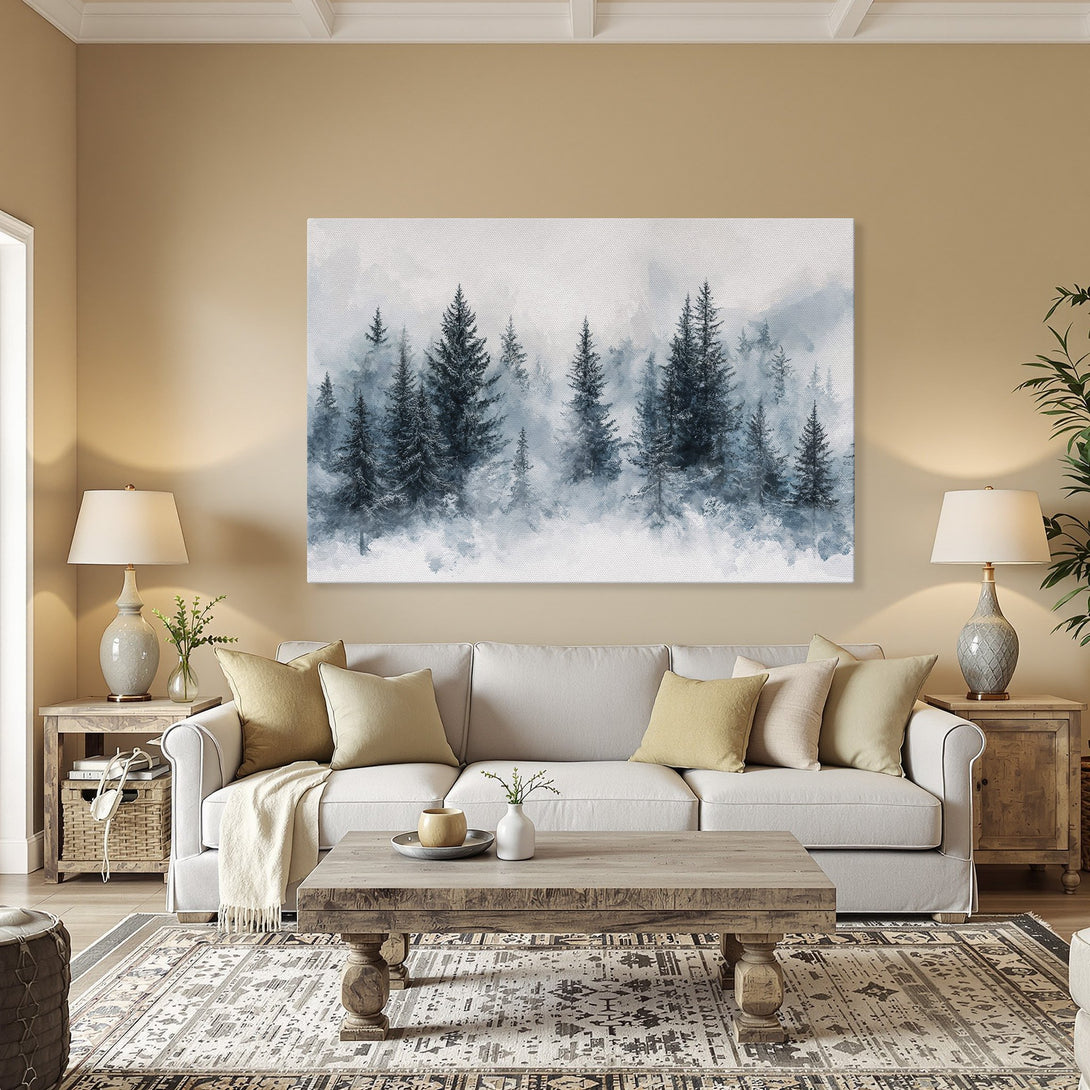 Framed Wall Art featuring a serene forest scene in a watercolor style, with a cool blue and gray color palette. Perfect for adding tranquility to your space.