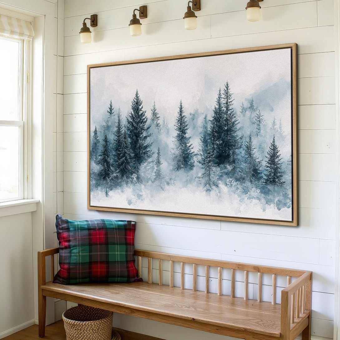 Framed Wall Art: Watercolor forest scene in blue and gray tones. Perfect for adding a touch of nature to your home decor. Shop now!