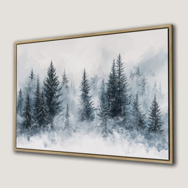 Framed Wall Art featuring a serene forest scene. Watercolor style with a cool blue and gray color palette. Perfect for adding a touch of nature to your space.
