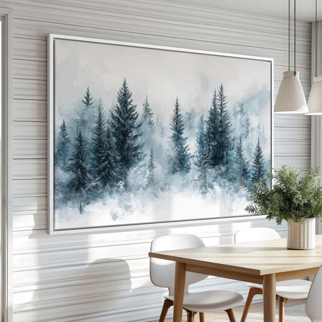 Framed Wall Art featuring a serene forest scene in cool blues and grays. Perfect for adding a touch of nature and tranquility to any space.