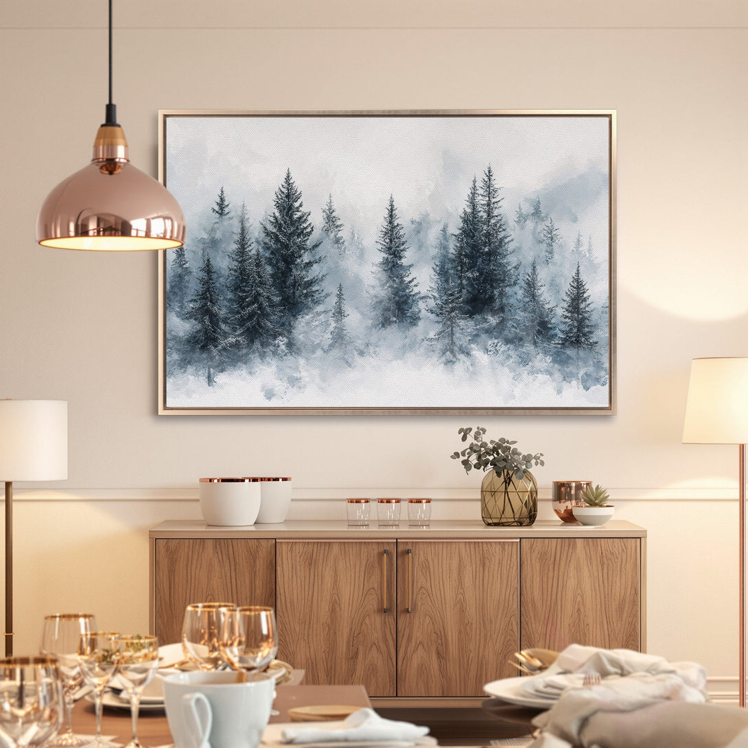 Framed Wall Art featuring a serene forest landscape in blue and gray tones. Perfect for adding a touch of nature to your home decor.