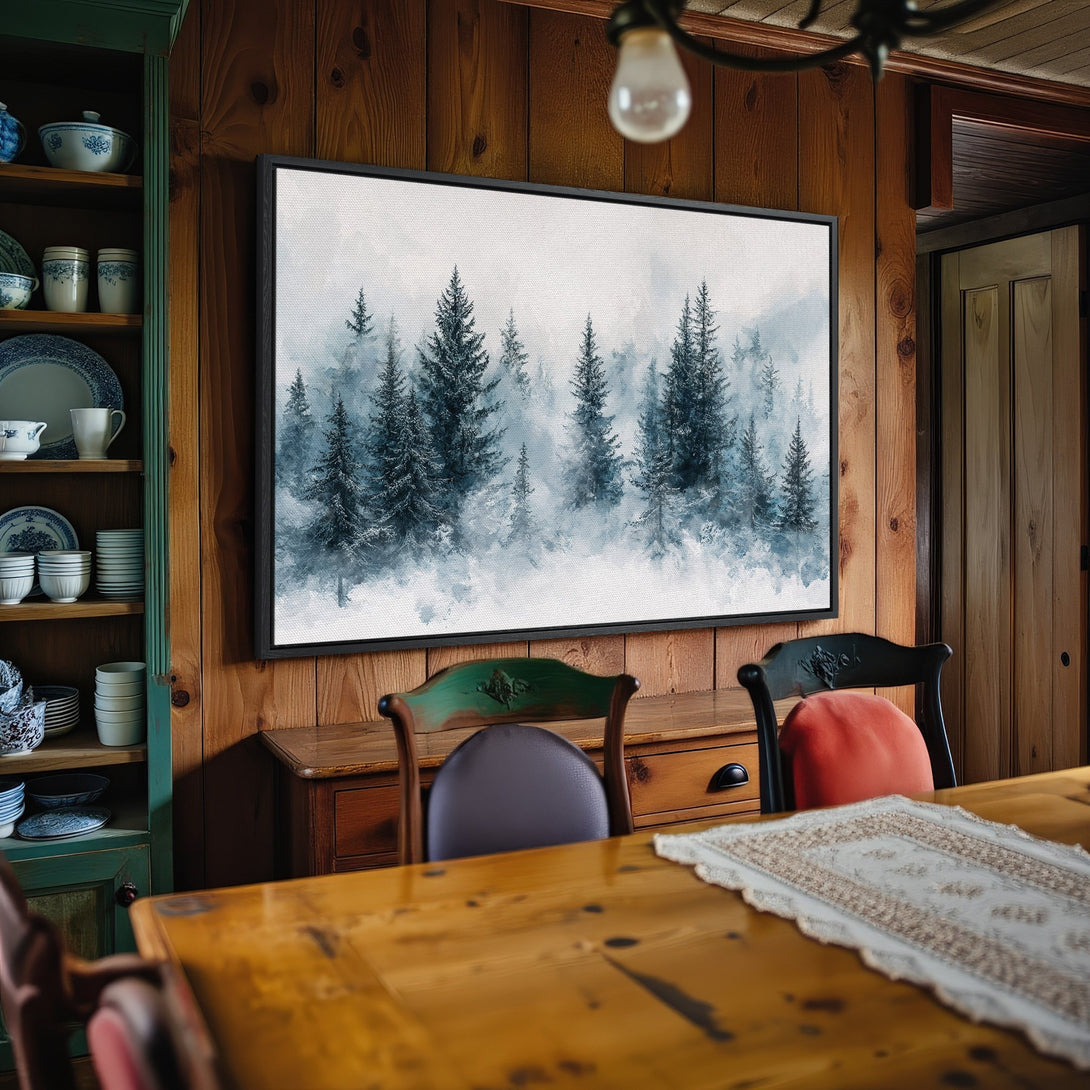 Framed Wall Art: Watercolor forest scene in blue and white. Perfect for adding a touch of nature to your home decor. Shop canvas prints today!