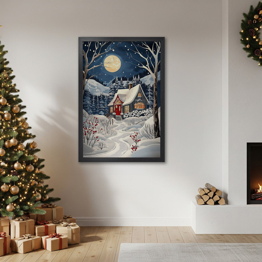 Framed Poster of winter cabin scene in blue and white, perfect for cozy holiday decor.