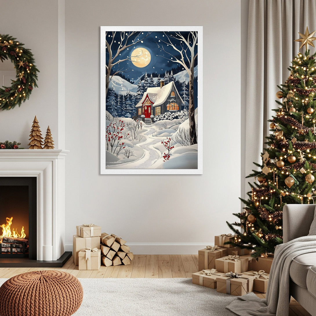 Framed Poster of a cozy winter scene, featuring a snowy cabin. Artistic style with a blue, white, and red color palette. Perfect holiday home decor.