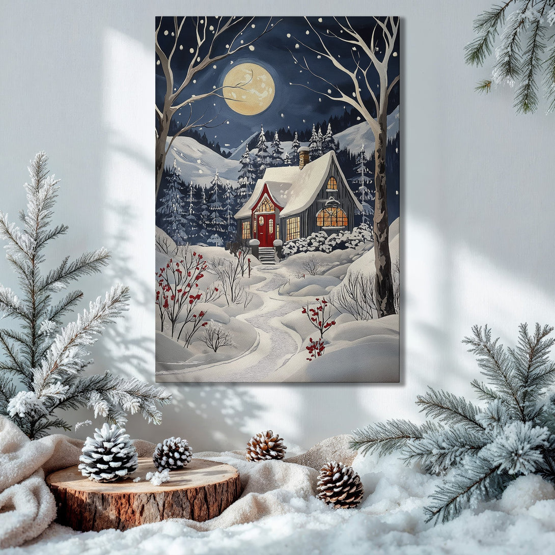 Framed Wall Art: Winter cabin scene with a snowy landscape, blue, white, and red color palette. Perfect for cozy holiday decor.