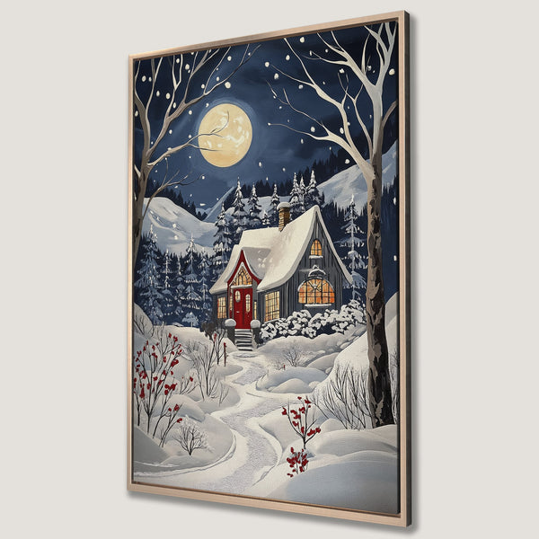 Framed Wall Art Canvas Print of a winter cabin scene under a full moon. Features a cozy style with a blue, white, and red color palette.