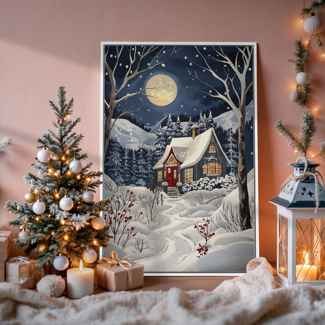 Framed Wall Art: Winter cabin scene in a snowy landscape. Blue, white, and red color palette. Perfect for cozy holiday decor.