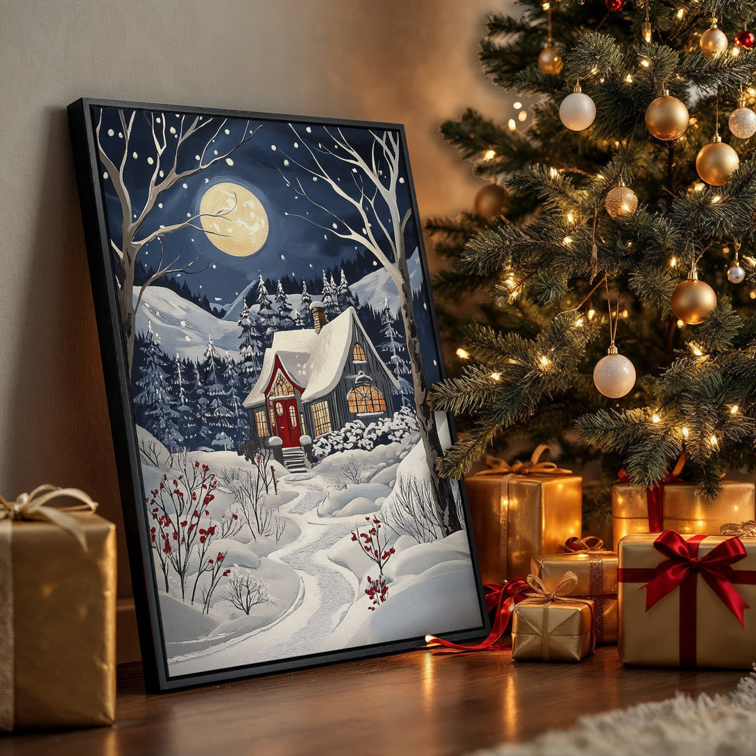 Framed Wall Art featuring a winter cabin scene in a snowy landscape. Beautiful blue, white, and red color palette. Perfect for cozy holiday decor.
