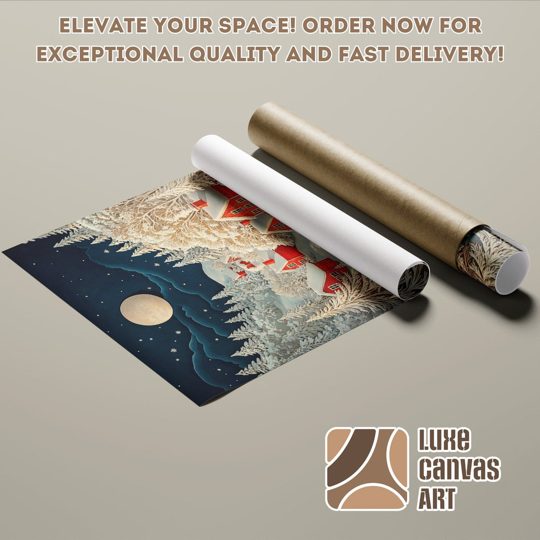 Winter landscape poster roll with red houses, blue night sky, and gold accents. Order now!