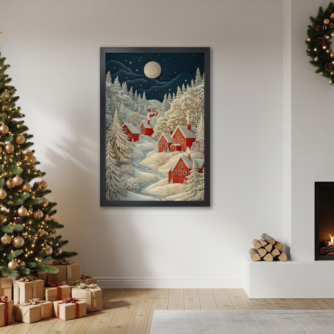Framed Poster of a winter village scene with red houses, in a whimsical style, with a blue, white, and red color palette.