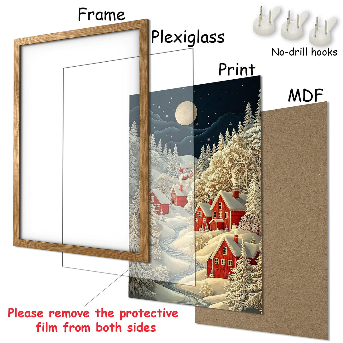 Framed Poster featuring a winter village scene in a whimsical style. Soft blues, whites, and reds create a cozy, festive atmosphere. Perfect wall art!