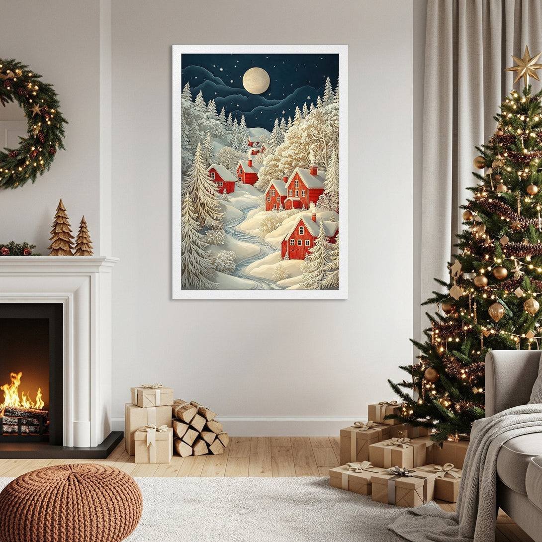 Framed Poster of a winter village scene in a whimsical style with a blue, white, and red color palette. Perfect Christmas decor!
