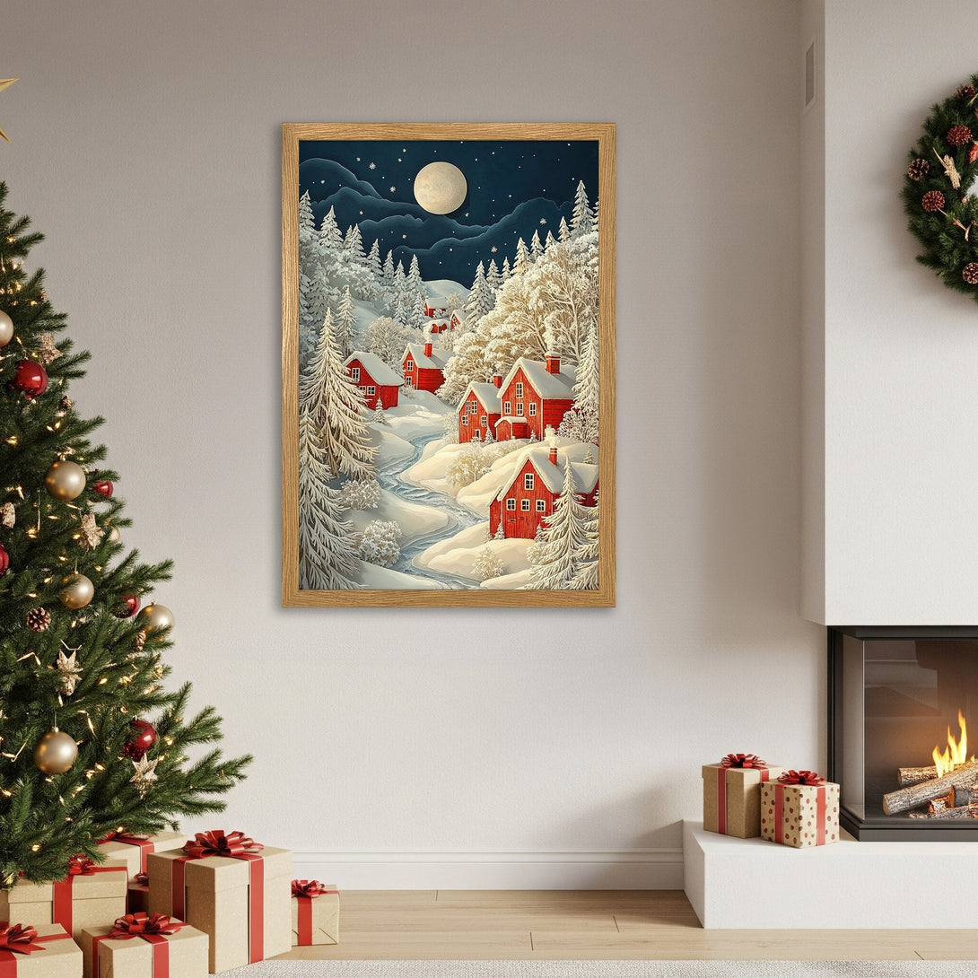 Framed Poster of a winter village scene, cozy style with red houses, snowy landscape, and a cool color palette. Perfect for Christmas decor!
