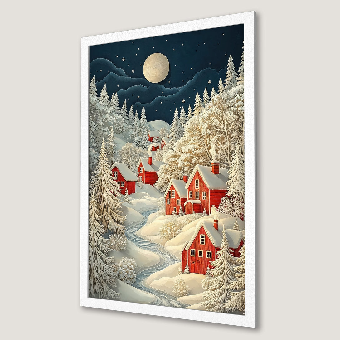 Framed Poster of a winter village scene with red houses, snowy trees, and a full moon. Cozy art in a cool color palette.