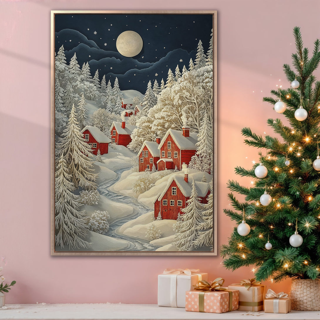 Framed Wall Art: Winter village scene with red houses, snowy landscape, and a full moon. Features a cool color palette with pops of red, perfect for holiday decor.