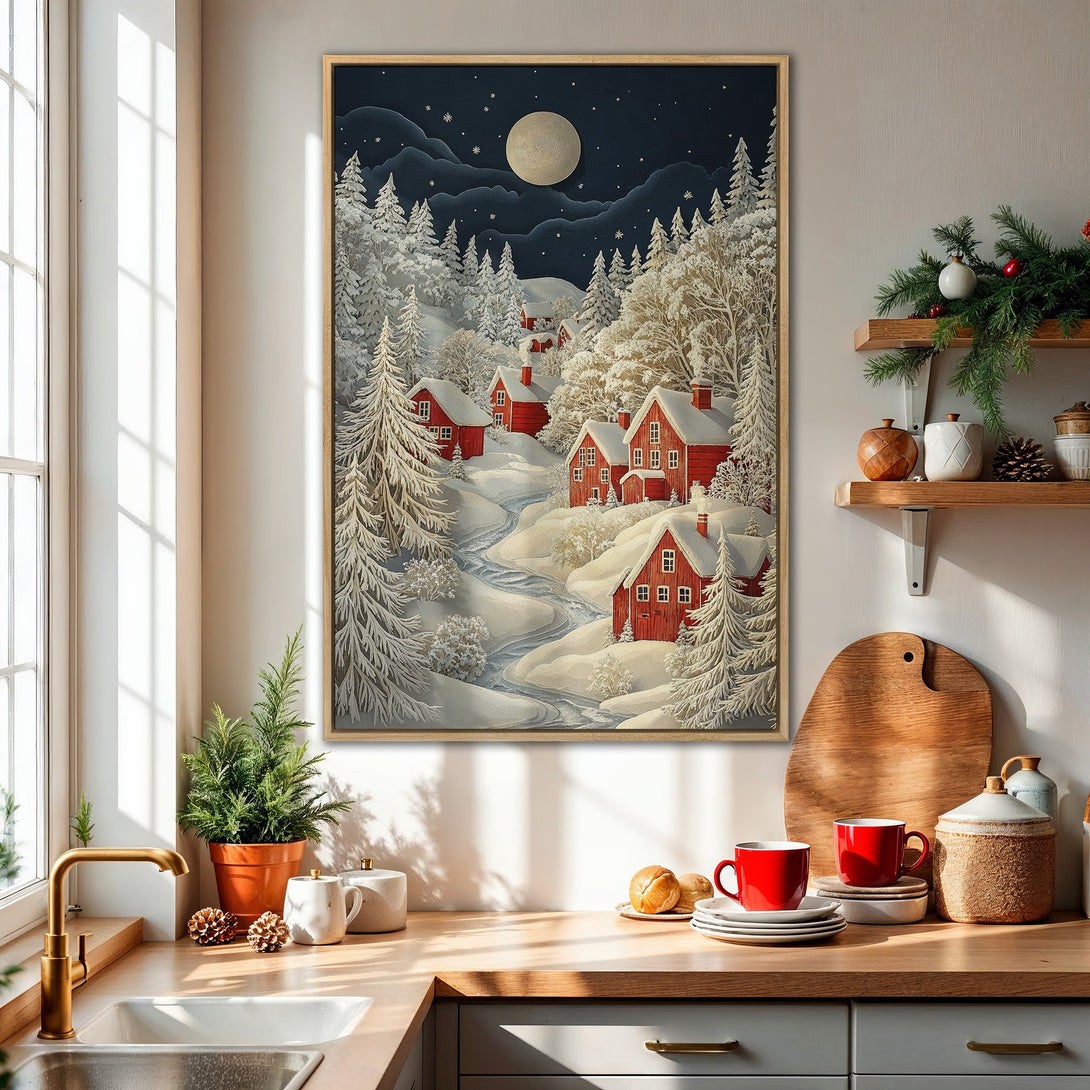 Framed Wall Art: Winter landscape Canvas Print with red houses, snowy trees, and a moon. Cozy, inviting art with a warm, neutral color palette.