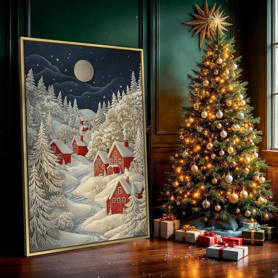 Canvas Print of a winter village scene with red houses, snowy landscape, and a night sky. Perfect for cozy home decor, featuring a serene, cool color palette.