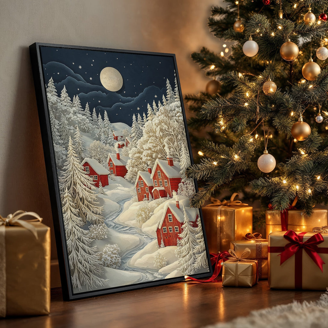 Framed Wall Art: Winter village scene with red houses, snow, and a full moon. Cozy, whimsical style in blue, white, and red color palette. Perfect holiday decor.