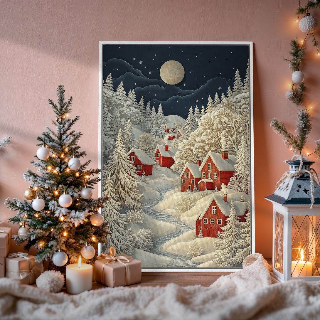 Framed Wall Art: Winter landscape Canvas Print with snowy village and red houses. Cozy, warm color palette with a touch of holiday cheer.