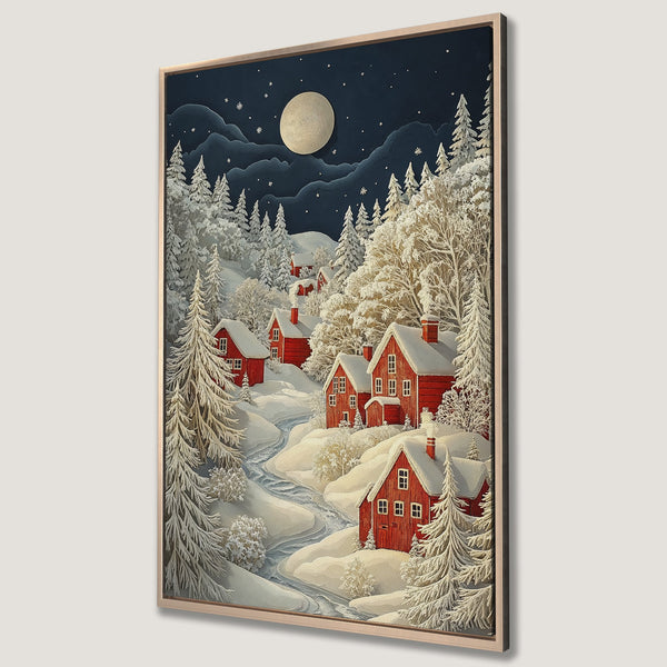 Framed Wall Art: Winter landscape with red houses, snowy trees, and a full moon. Cozy art in a serene, cool color palette. Perfect for holiday decor.