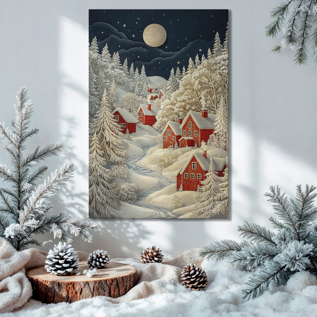 Framed Wall Art: Winter landscape Canvas Print with red houses, snowy trees, and a full moon. Cozy, festive decor in a blue, white, and red palette.