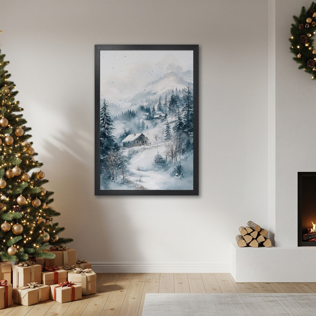 Framed Poster of a winter landscape in watercolor style, featuring a snowy cabin and trees, with a cool blue and gray palette.