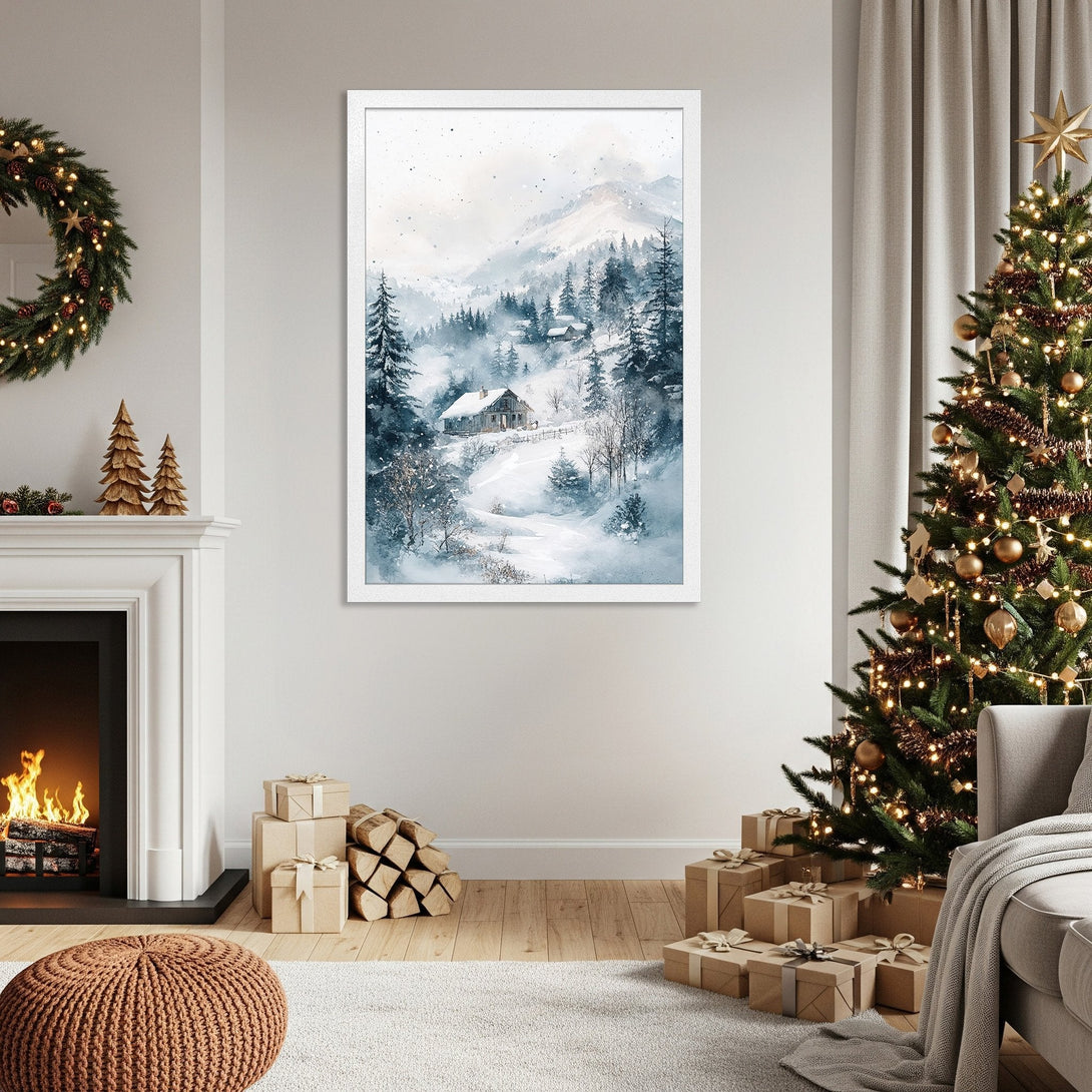 Framed Poster featuring a winter watercolor landscape in blue and white tones, perfect for cozy decor.