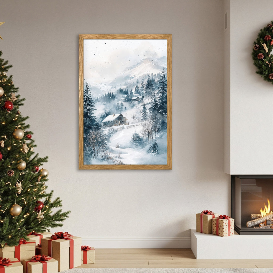Framed Poster of a winter landscape in watercolor style, featuring a snowy cabin, with a cool blue and white color palette. Perfect holiday decor.