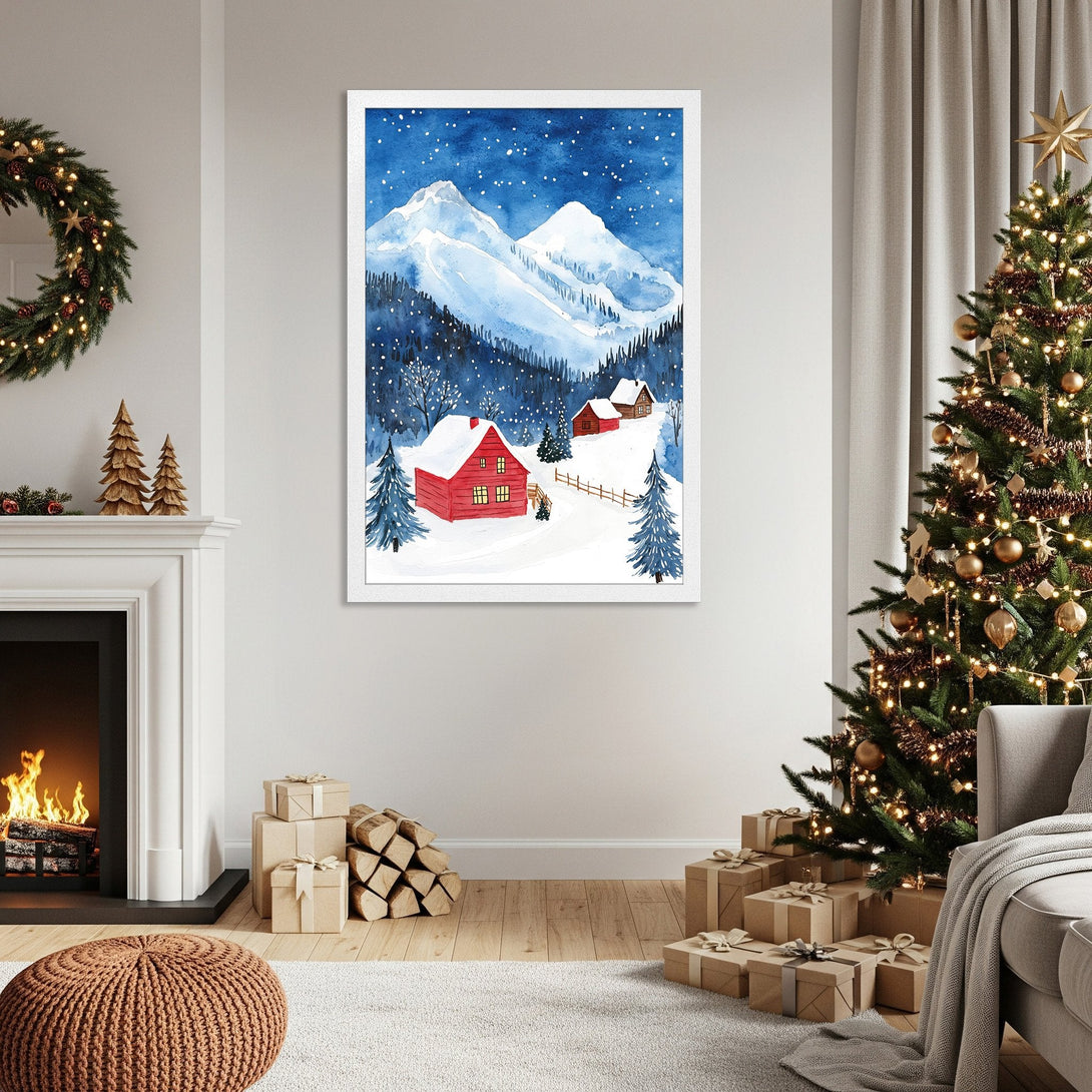 Framed Poster featuring a watercolor winter landscape with red houses, mountains, and a blue and white color palette. Perfect holiday decor!