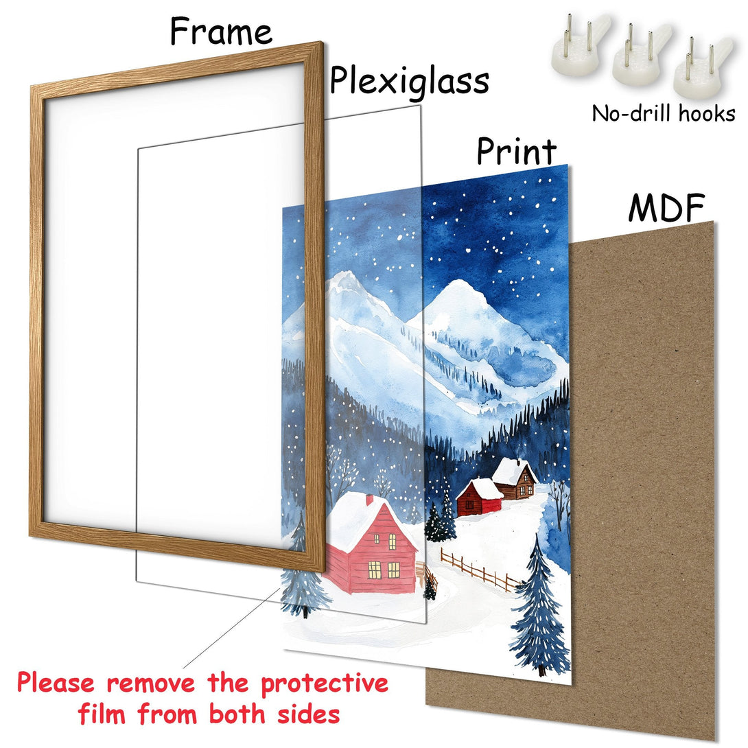 Framed Poster featuring a winter watercolor scene. Showcasing a snowy landscape with red houses, in a blue and white color palette.