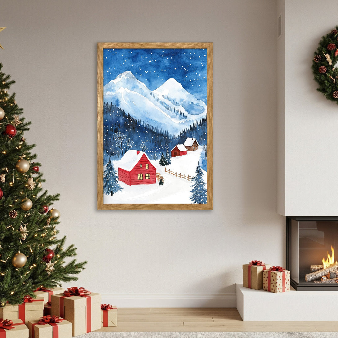 Framed Poster of winter mountain scene in watercolor style, blue and red color palette. Perfect holiday decor!