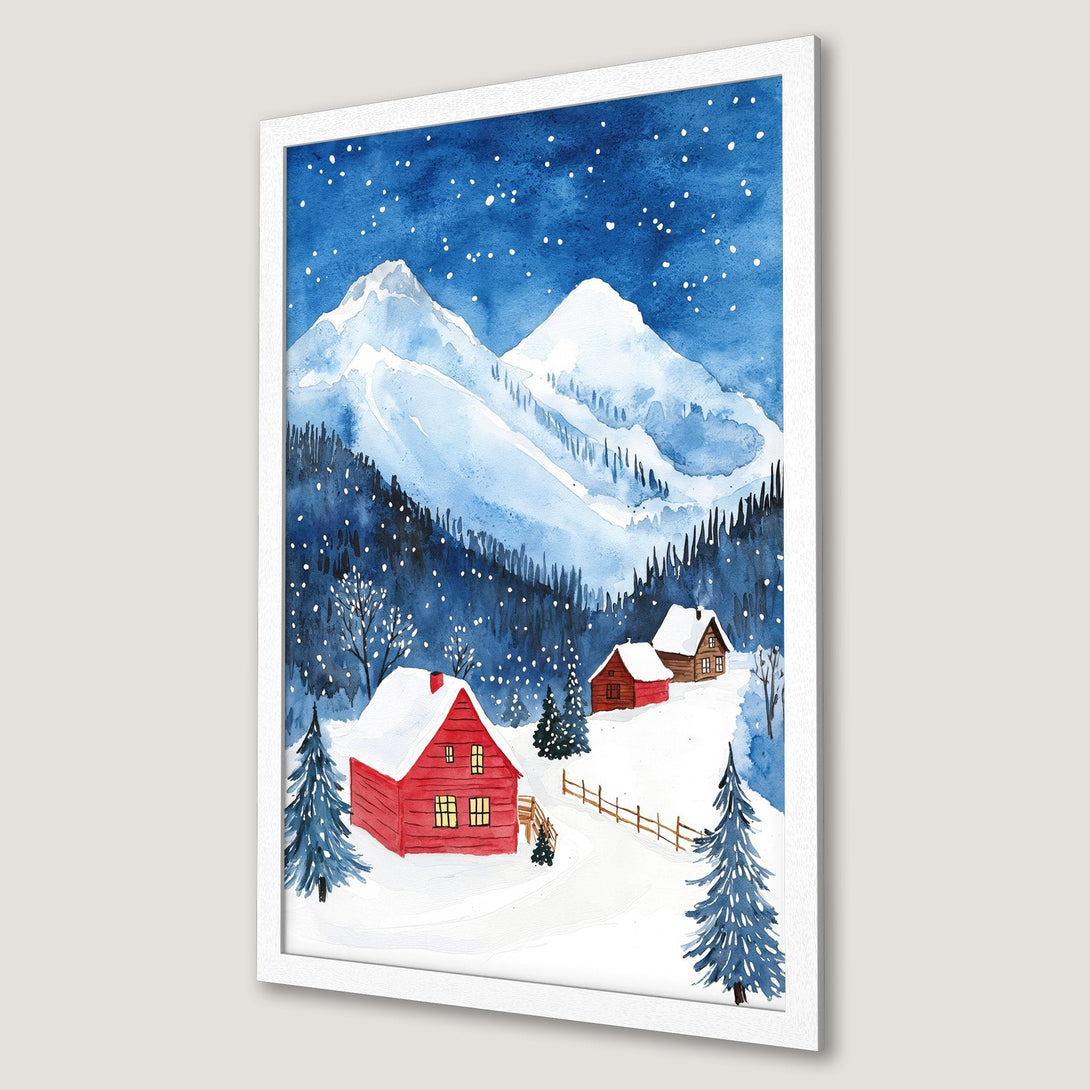 Framed Poster: Watercolor winter landscape art print with snowy mountains, red cabins, and a blue and white color palette. Perfect for cozy decor.