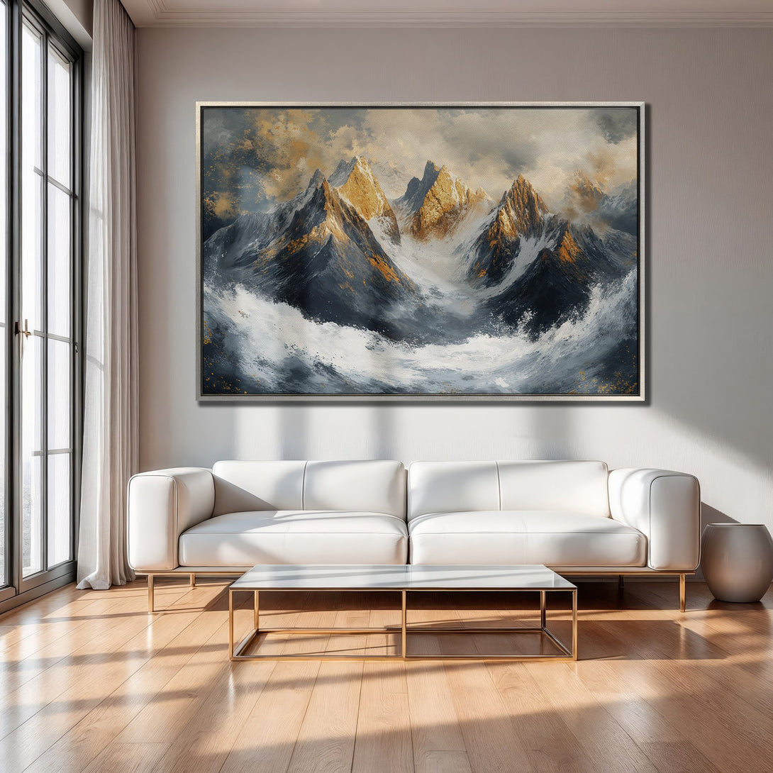 Framed Wall Art: Majestic mountain landscape Canvas Print in gold, gray, and white tones. Modern art for living room decor.