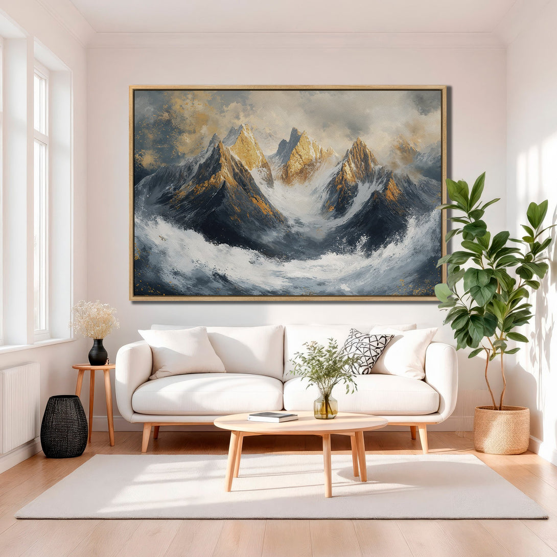 Framed Wall Art: Abstract mountain landscape canvas print in gold, gray, and white. Modern art to elevate your living room decor.