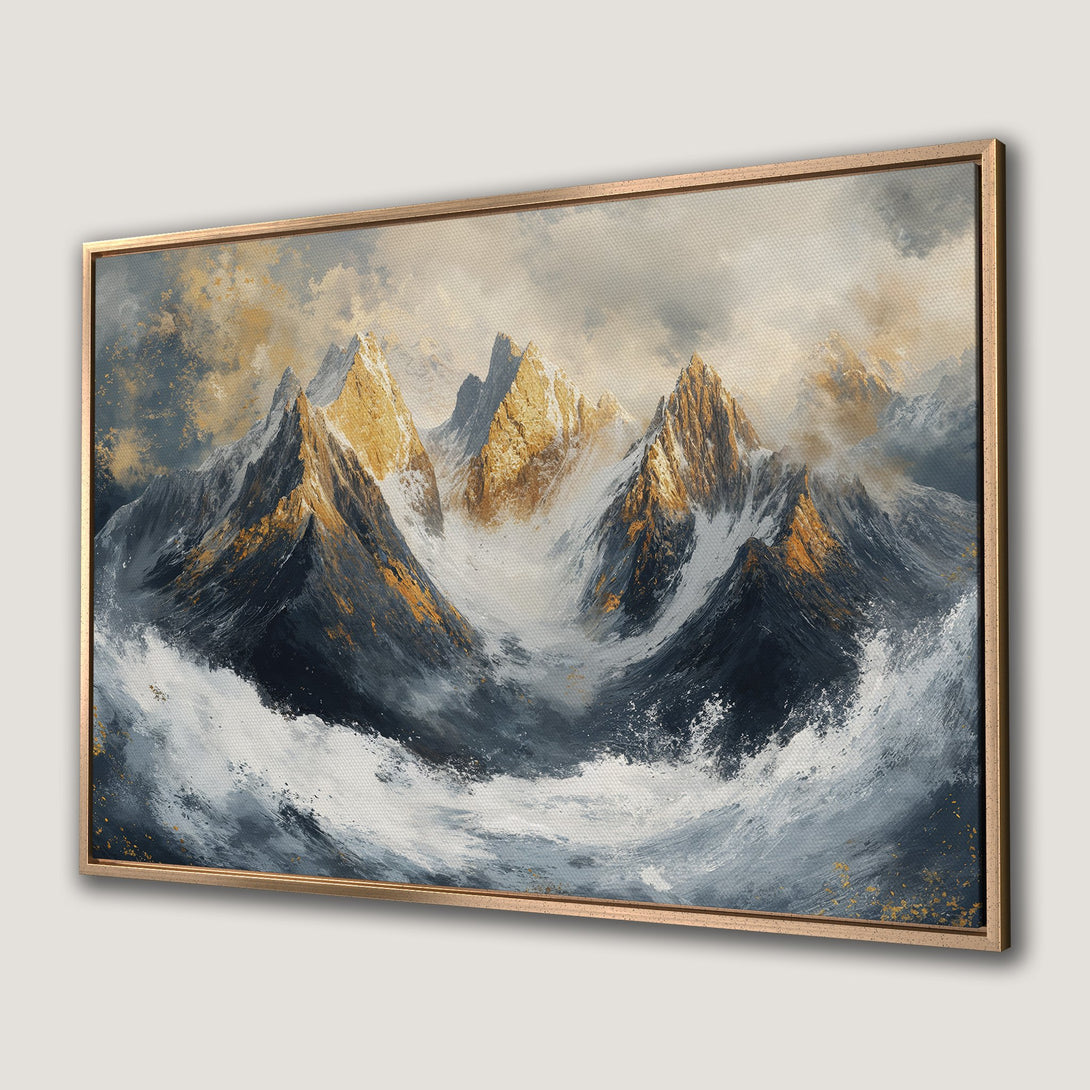 Framed Wall Art: Abstract mountain landscape Canvas Print in gold, gray, and navy blue. Modern art for a stylish home.