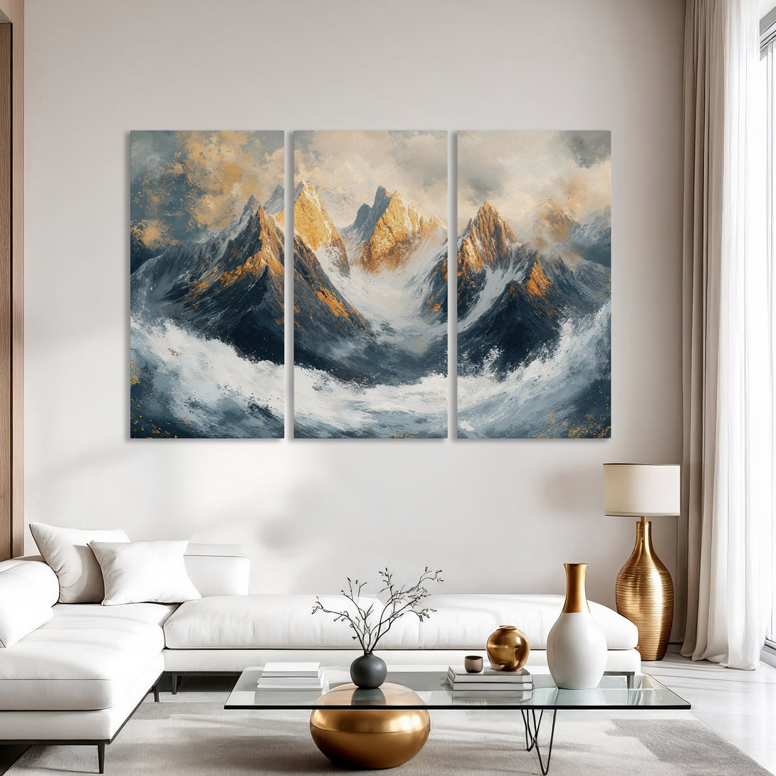 Abstract mountain Canvas Print in blue, gold, and white. Modern wall art perfect for living room decor.