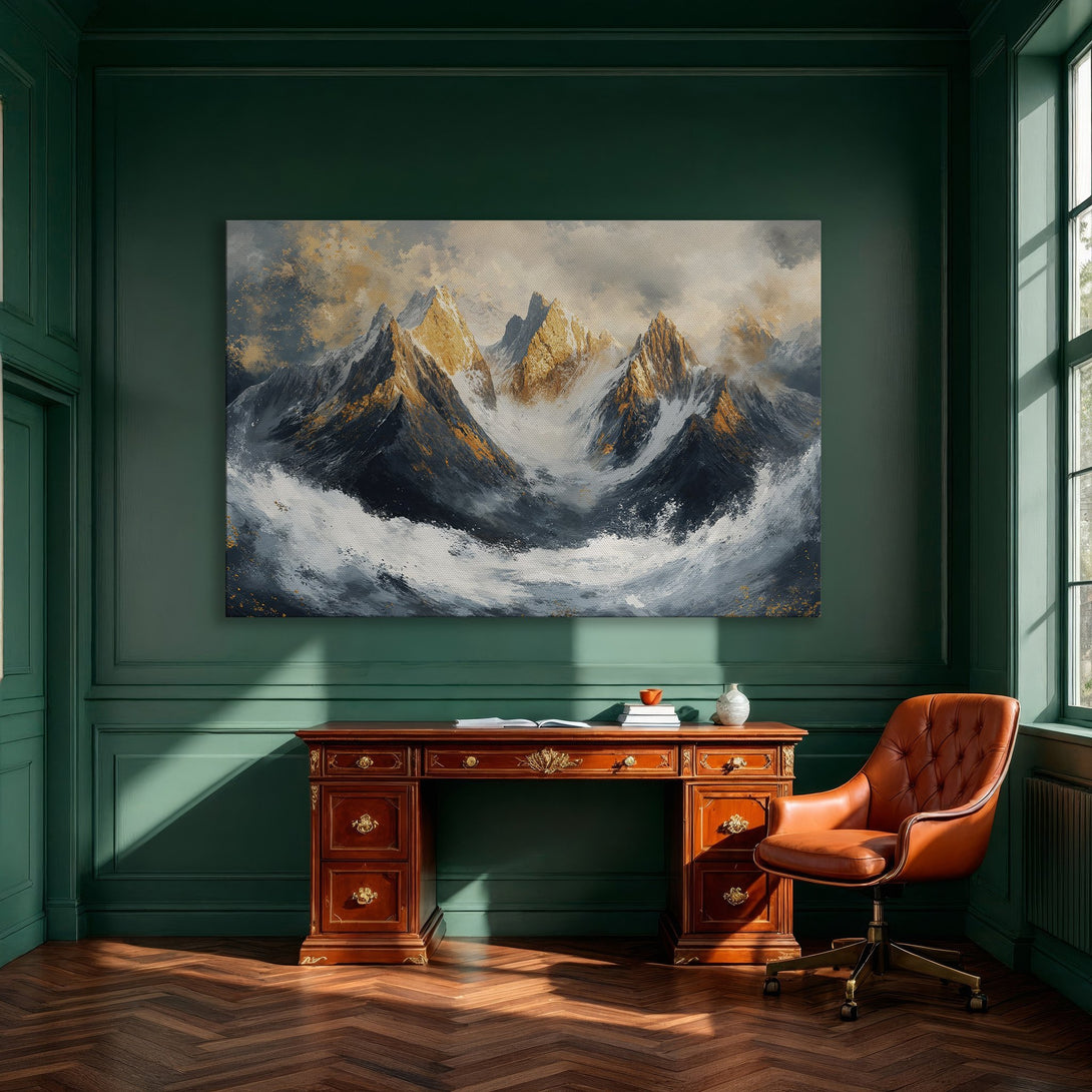 Framed Wall Art: Abstract mountain landscape Canvas Print in gold, navy, and white. Elevate your dining room with this stunning art piece.