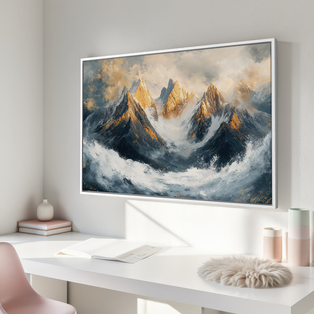 Framed Wall Art: Abstract mountain landscape canvas print with a blue, gold, and gray color palette. Perfect for modern home decor.