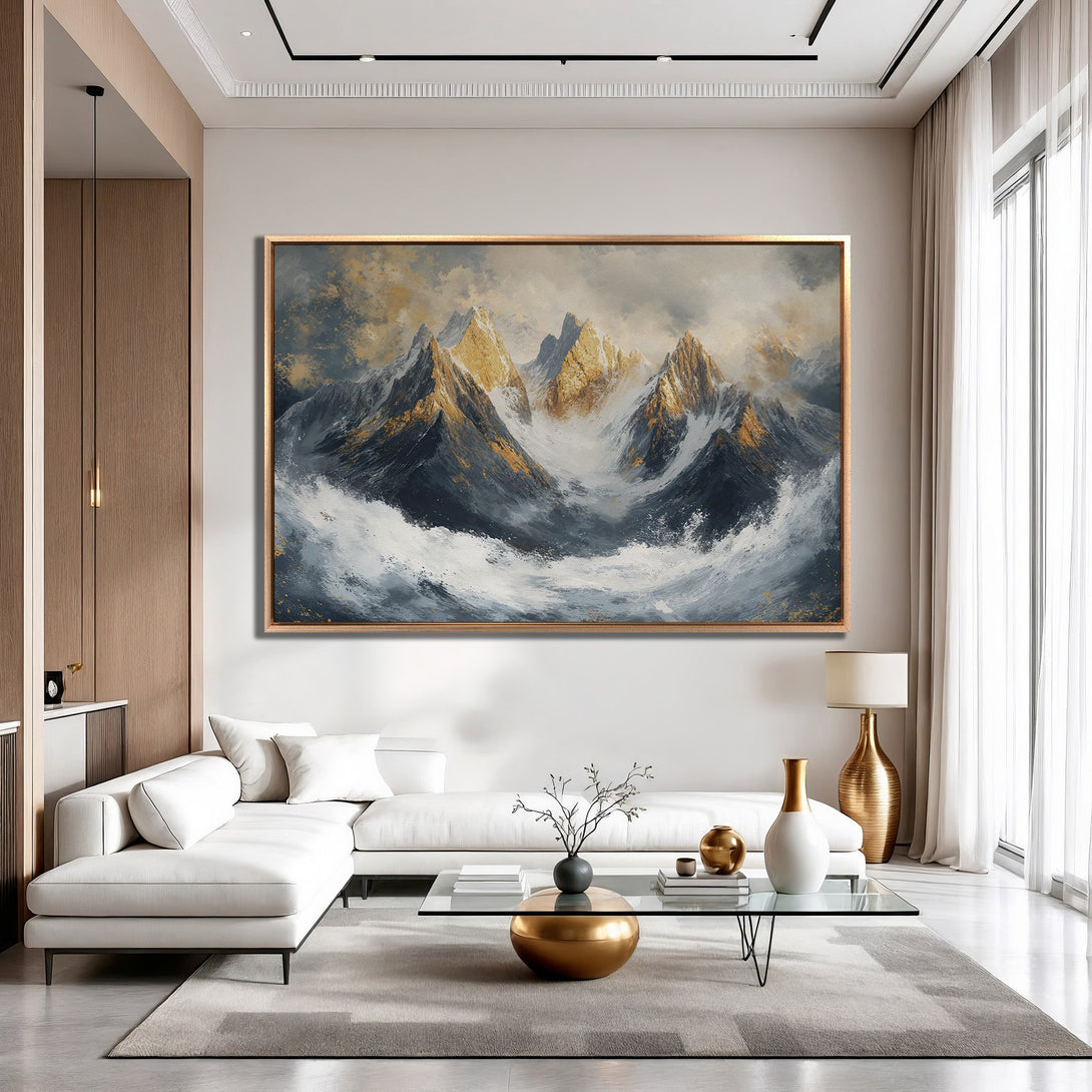 Framed Wall Art: Majestic mountain landscape in gold, gray, and white. Modern abstract style Canvas Print adds elegance to any living room.