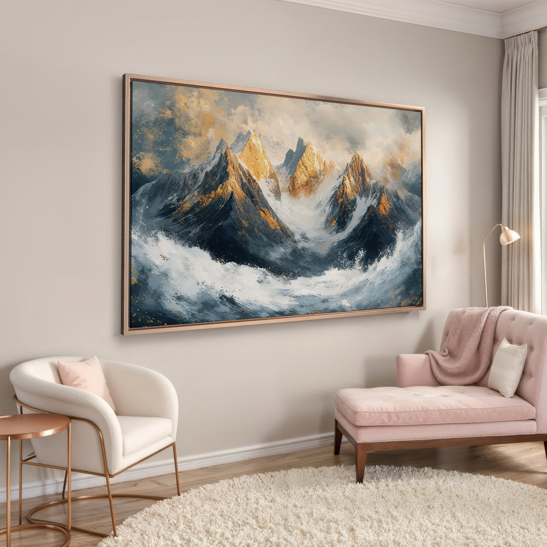 Framed Wall Art: Abstract mountain landscape Canvas Print in blue, gold, and white. Modern art for home decor.