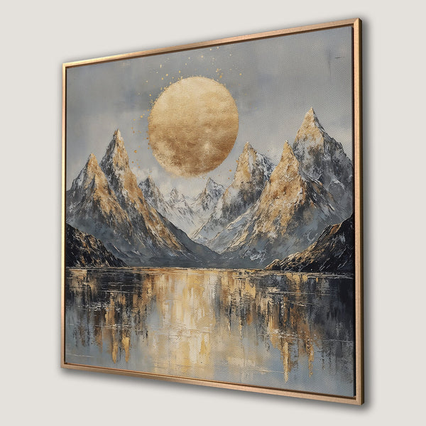 Framed Wall Art: Abstract mountain landscape Canvas Print with gold, gray, and black color palette. Perfect for modern home decor.