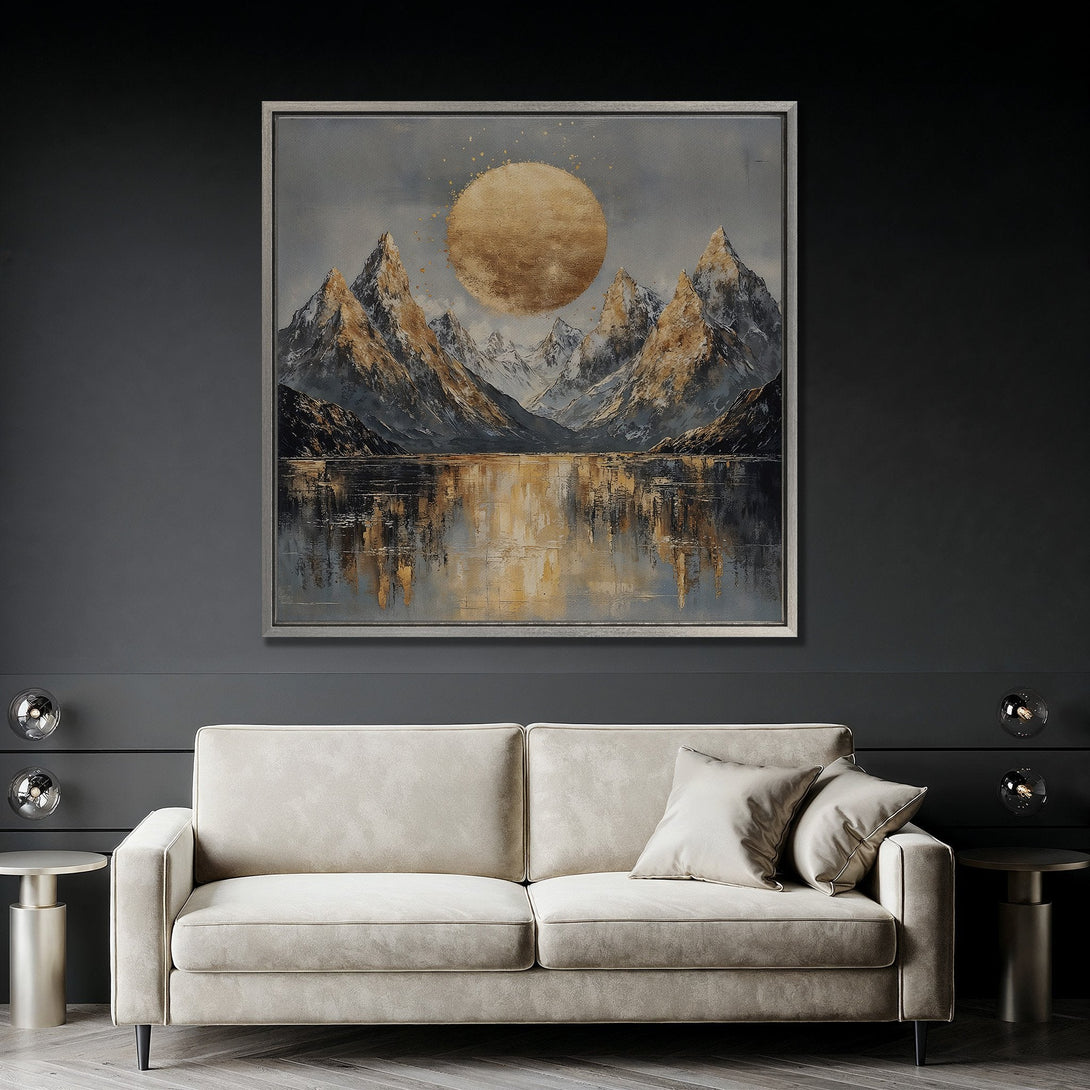 Framed Wall Art: Mountain landscape painting with gold accents. Modern style, neutral color palette. Perfect for living room decor.