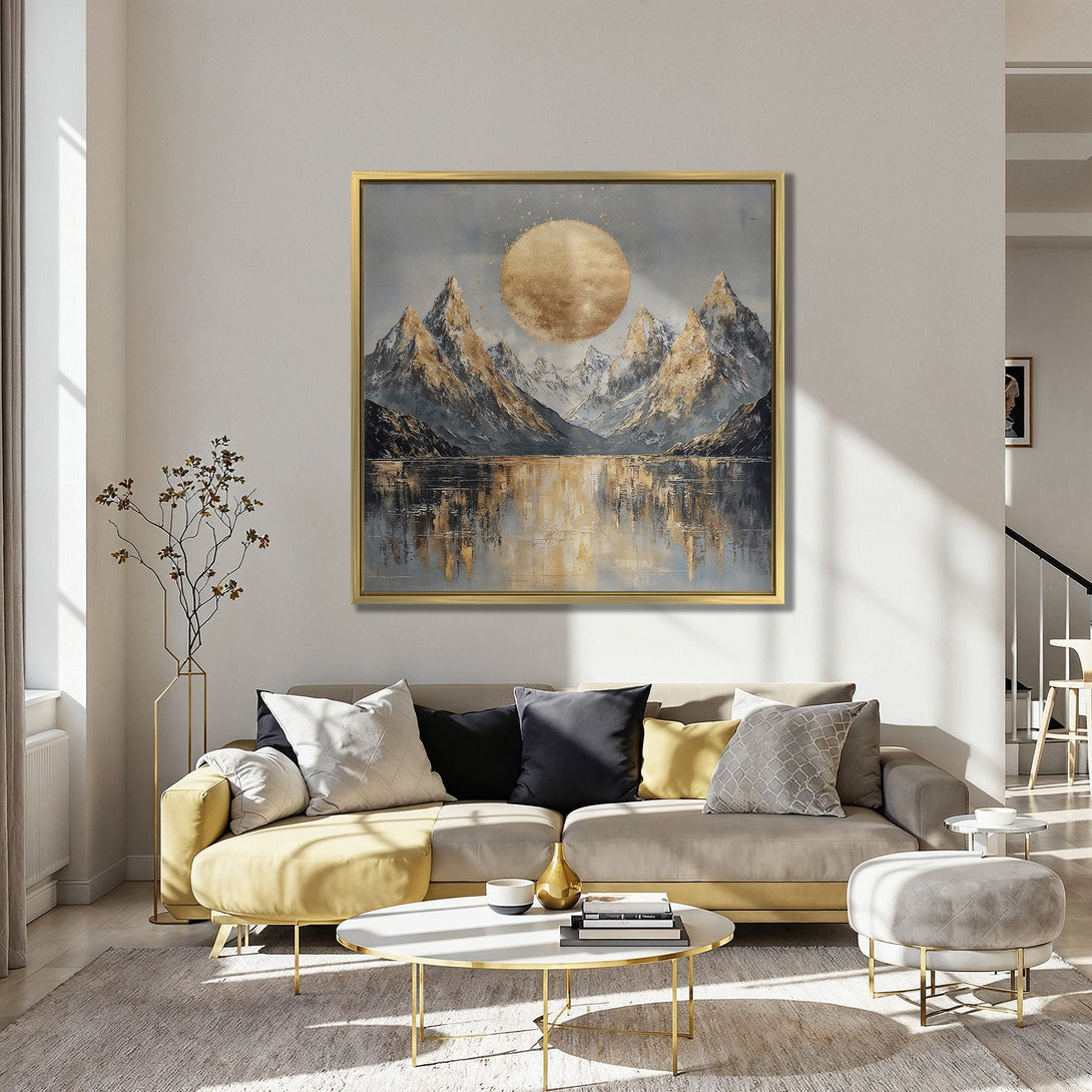 Canvas Print of a mountain landscape with a golden sun, in a neutral color palette. Modern art for home decor.