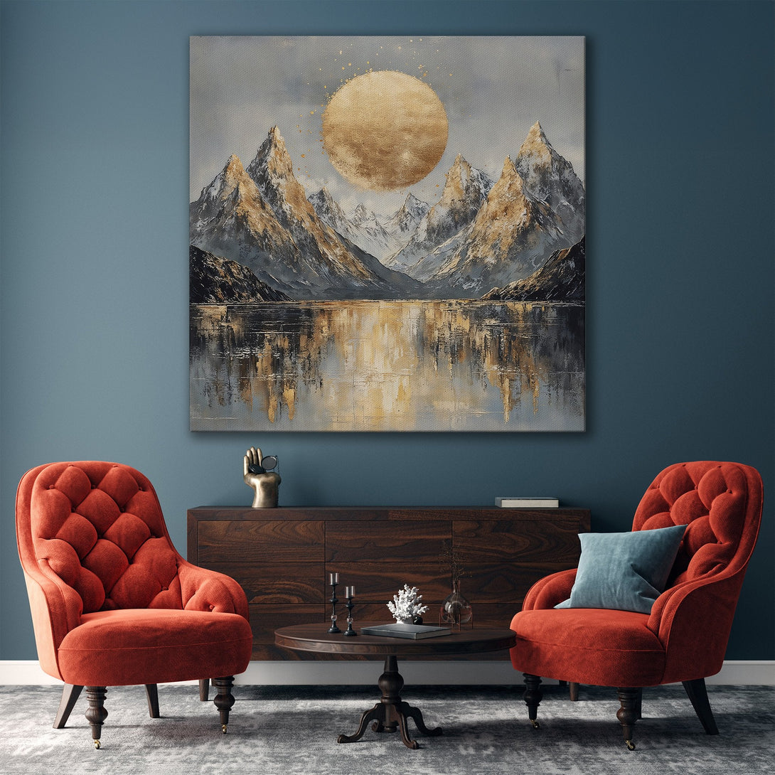 Framed Wall Art: Abstract mountain landscape Canvas Print with gold accents. Modern art in a neutral, gold, and gray color palette. Perfect for home decor.