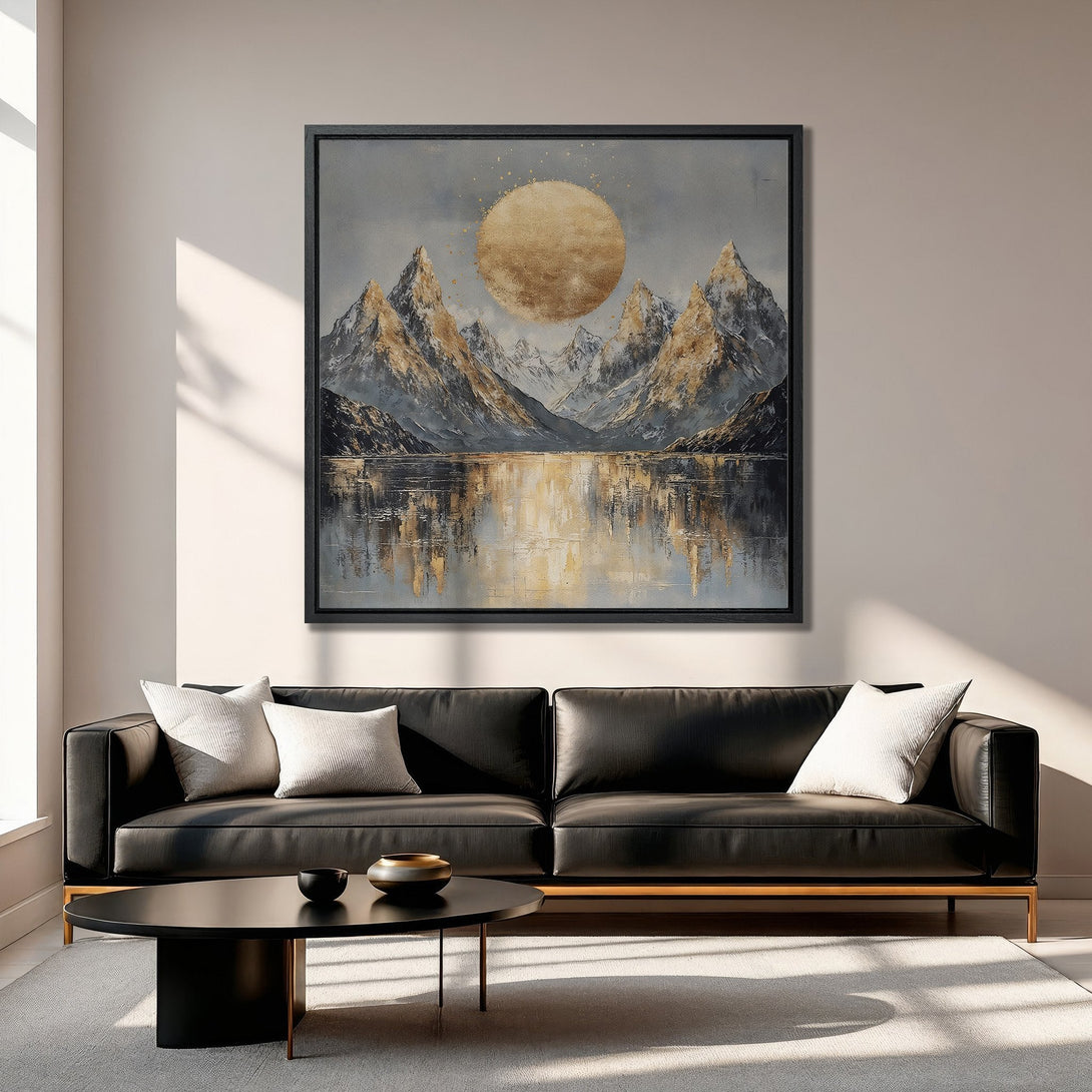 Framed Wall Art: Mountain landscape canvas print in gold, gray, and black. Modern art for living room decor. Elevate your space with this stunning artwork.